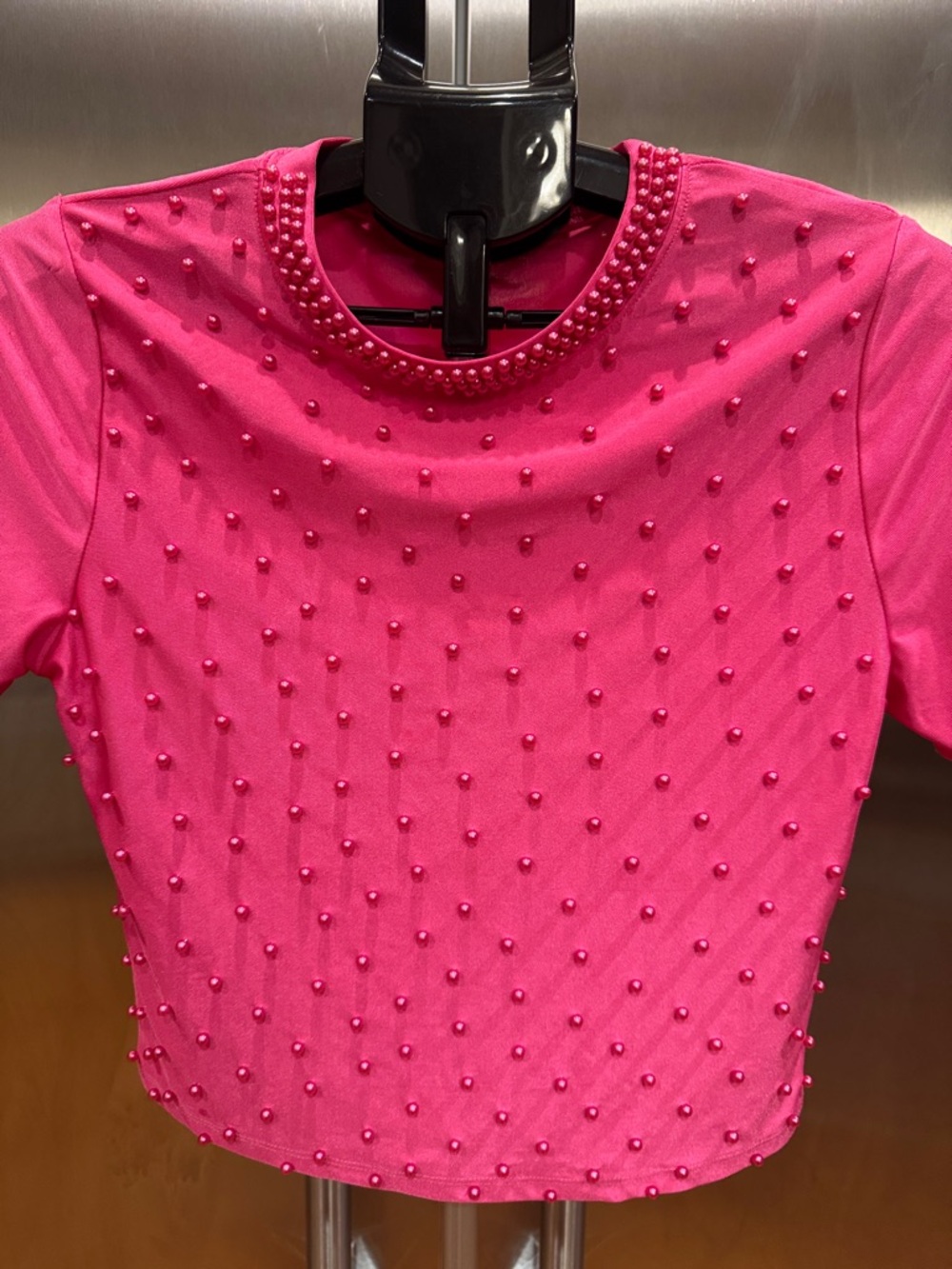 Women's Fuchsia Pearl-Embellished Short Sleeve Tee